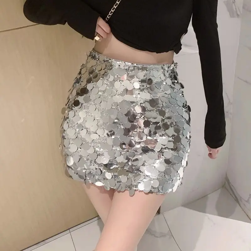

2024 Women High Waisted Shiny Mini Skirt Zipper Fly Sequins A-Line Black Y2k Evening Skirt Sexy & Club Slim Chic Goth
