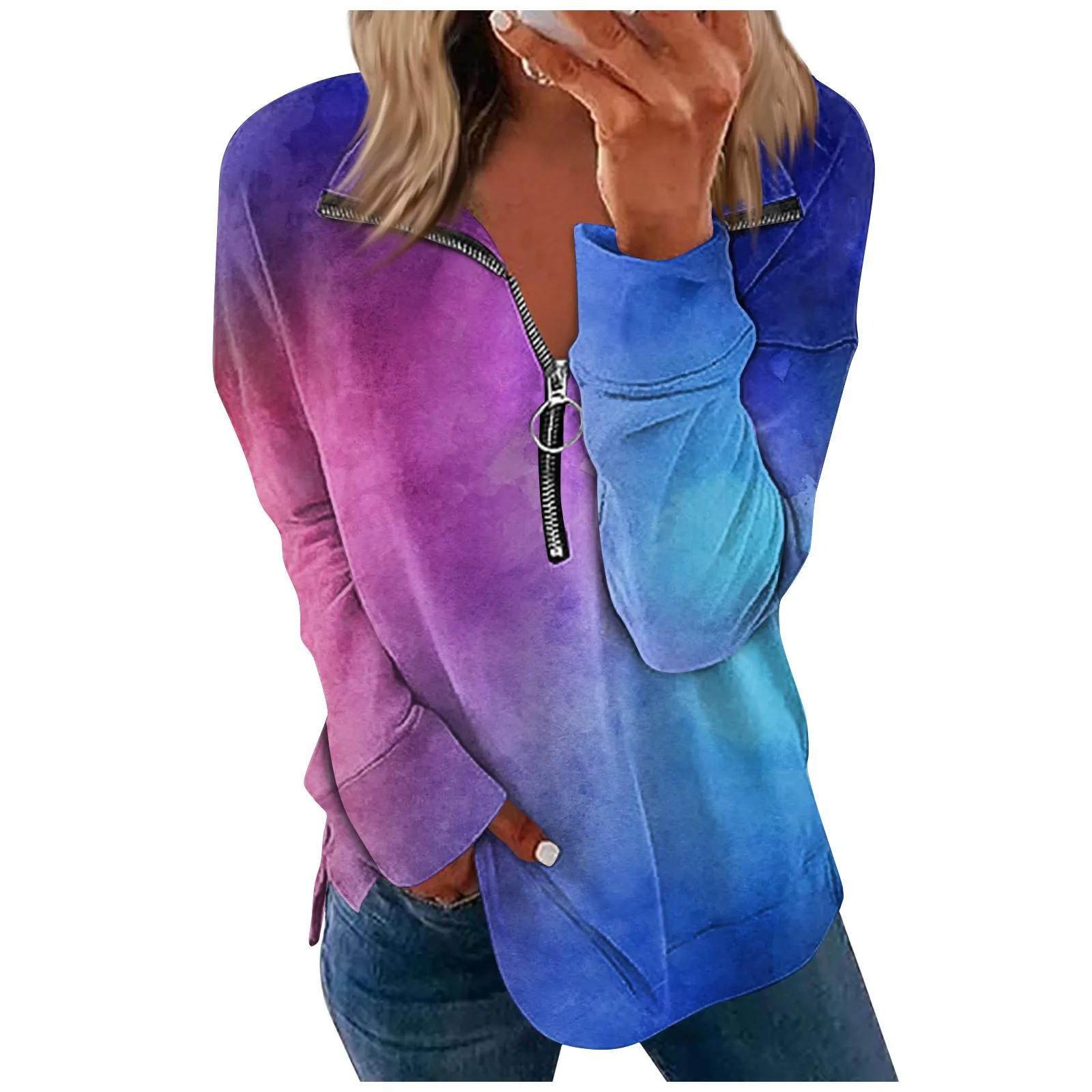 

Casual Long Sleeve Tie-Dye Color Print Pullover Top Fashion Zip Women Sweatshirt Autumn Elegant O-Neck Streetwear Blouse S-5xl