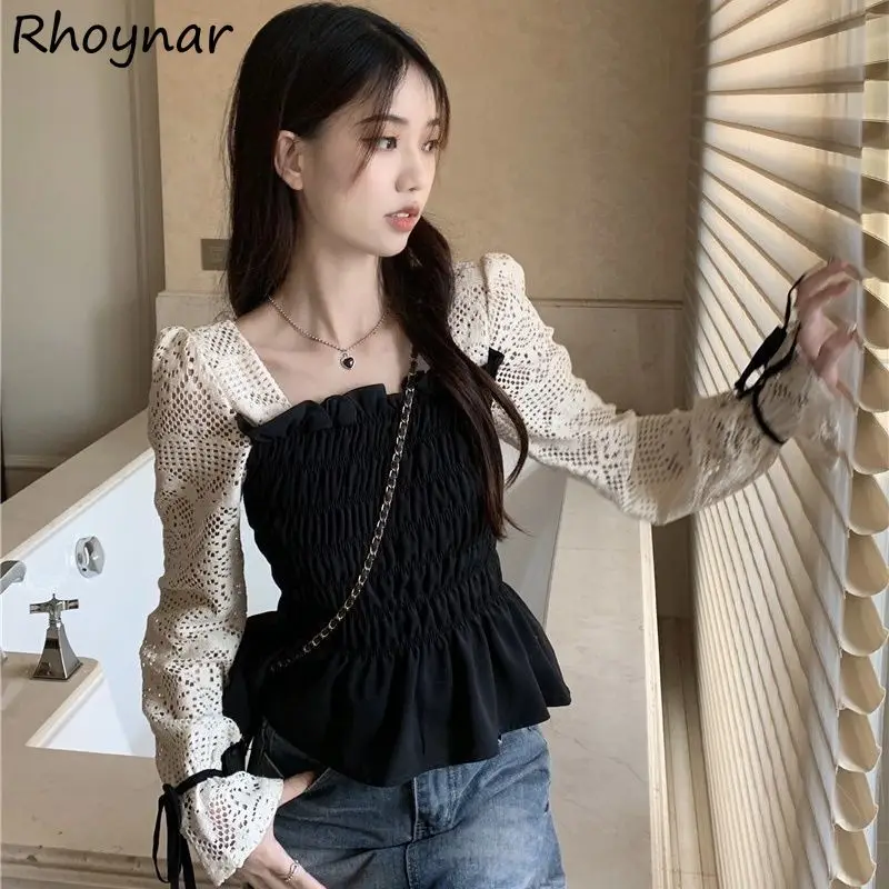 

Blouses for Women Square Collar Graceful French Style Female Retro Lace Hollow Out Design Chic Spliced Aesthetic Clothing Spring