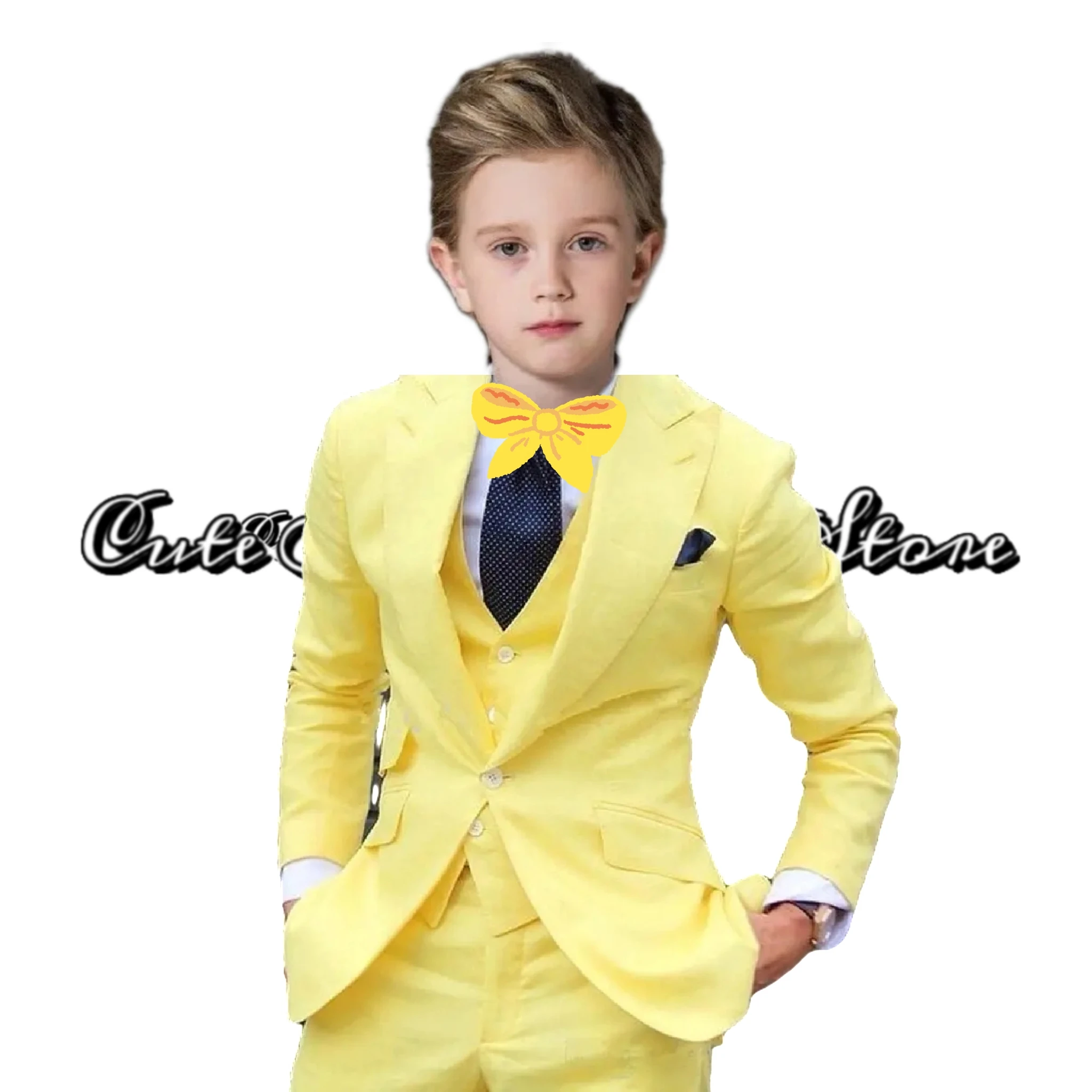

Yellow Classic Single Breasted Boys Suits Wedding Groom Blazer Pants 3Pcs Formal Jacket Vest Pant Tie Tailor-Made Children Set