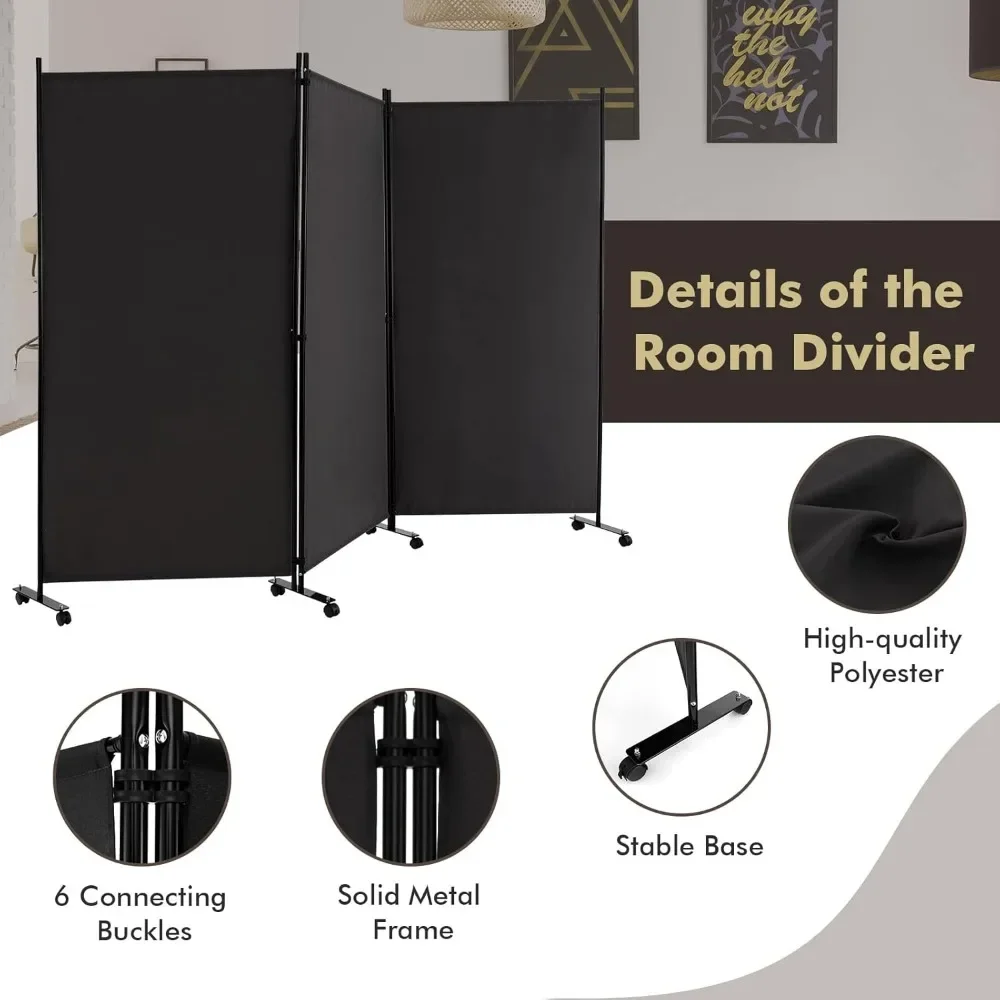6 Panel Room Divider, 132" Wide x 68" Tall Large Folding Privacy Screen, Rolling Partition Room Partition for Studio Divider