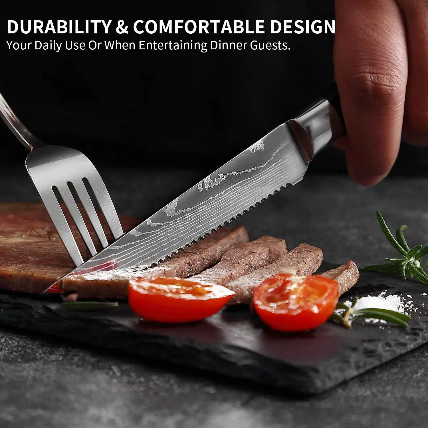 2/4/6/8-P High Hardness 4.5″laser Pattern Damascus Steak Knife Set Kitchen Stainless Steel With Wooden Handle High-quality Fork 2 2/4/6/8-P High Hardness 4.5"laser Pattern Damascus Steak Knife Set Kitchen Stainless Steel With Wooden Handle High-quality Fork 2