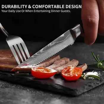 2/4/6/8-P High Hardness 4.5"laser Pattern Damascus Steak Knife Set Kitchen Stainless Steel With Wooden Handle High-quality Fork 2