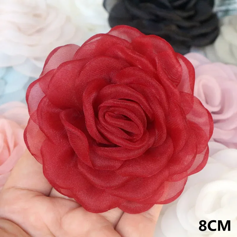 Elegant Red Chiffon Rose Camellia Flowers - Set of 10 for Weddings and Dress Embellishments