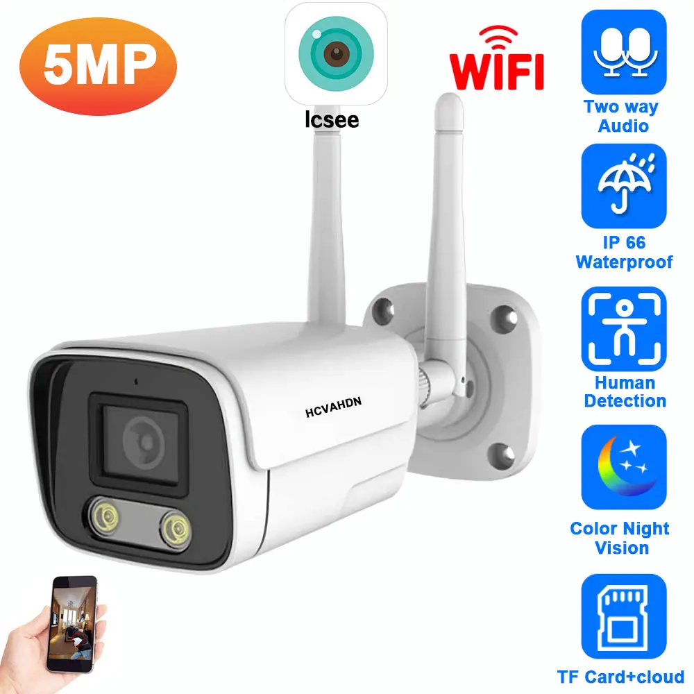 

5MP Wifi Bullet Security Camera Color Night Vision Outdoor Wireless CCTV Surveillance Camera 3MP Ai Human Detection ICSEE IP Cam