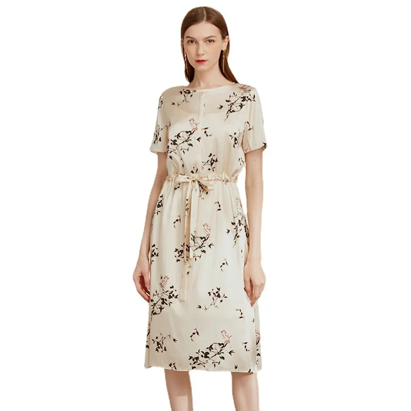 

Women's Apricot Floral Silk Dresses 23spring Summer Ladies Natural Silk Long Luxury Clothing Sexy Beach Office Work Daily Dress