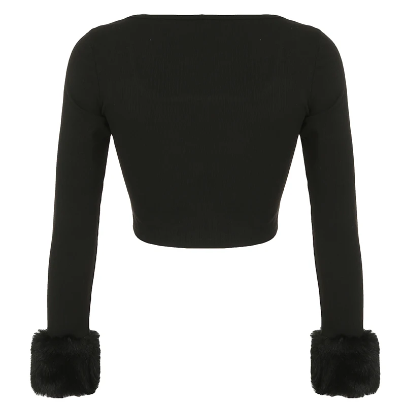 Top corto de manga larga con cuello cuadrado negro de piel Y2K para mujer, camiseta ajustada, moda de los años 2000, camiseta sexy de calle, estética