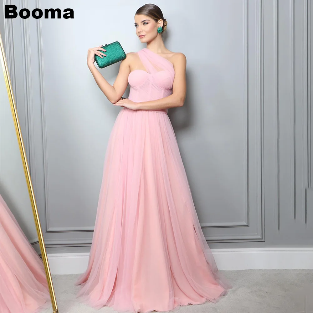 

Booma Light Pink A Line Prom Dresses One Shoulder Tulle Floor Length Evening Gowns Simple Elegant Events Formal Occasion Dresses