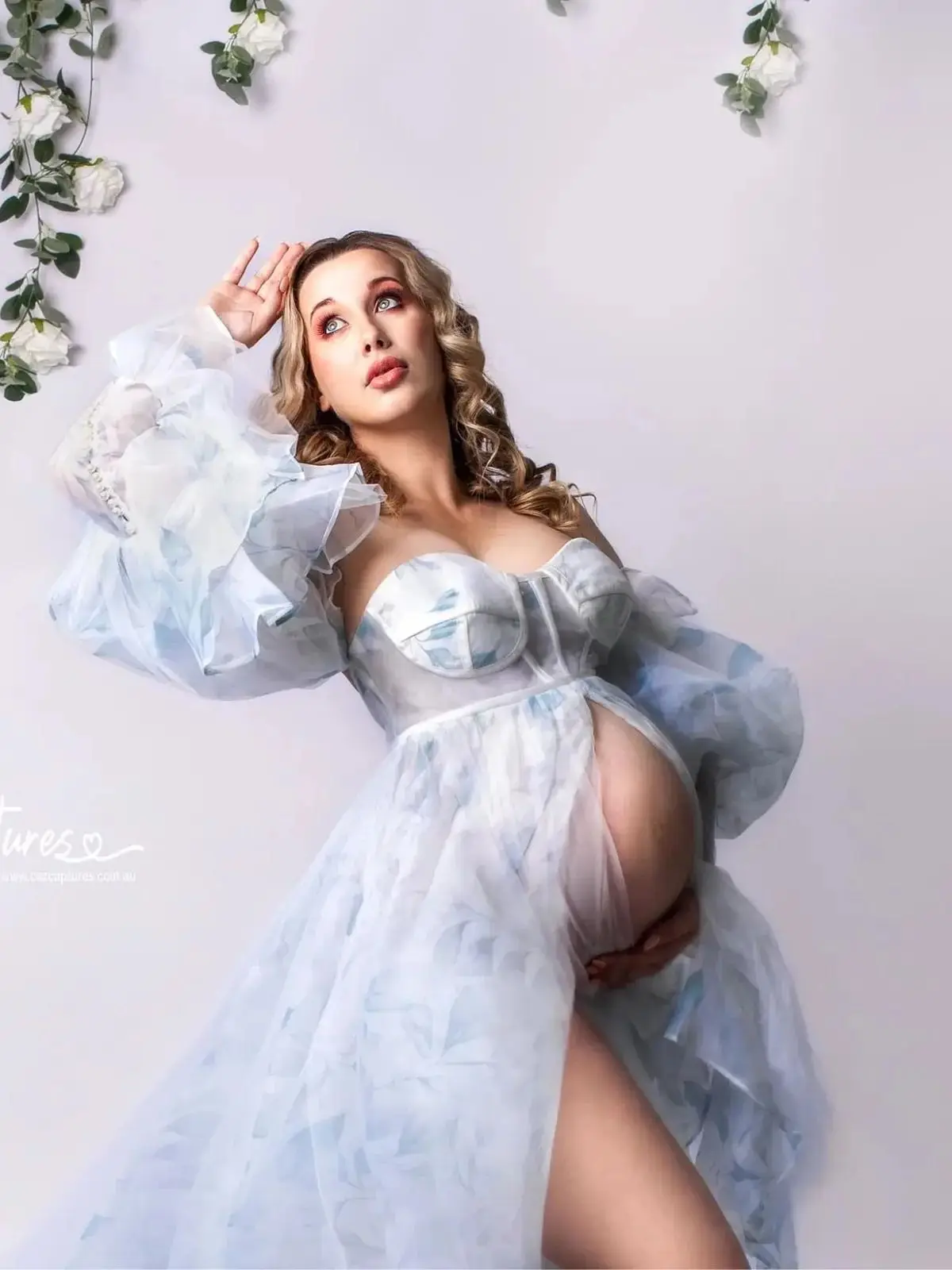 Floral Printing Maternity Dresses Photography Pregnant Gowns Removable Sleeve Pregnancy Women Photoshoot Dress 14509#
