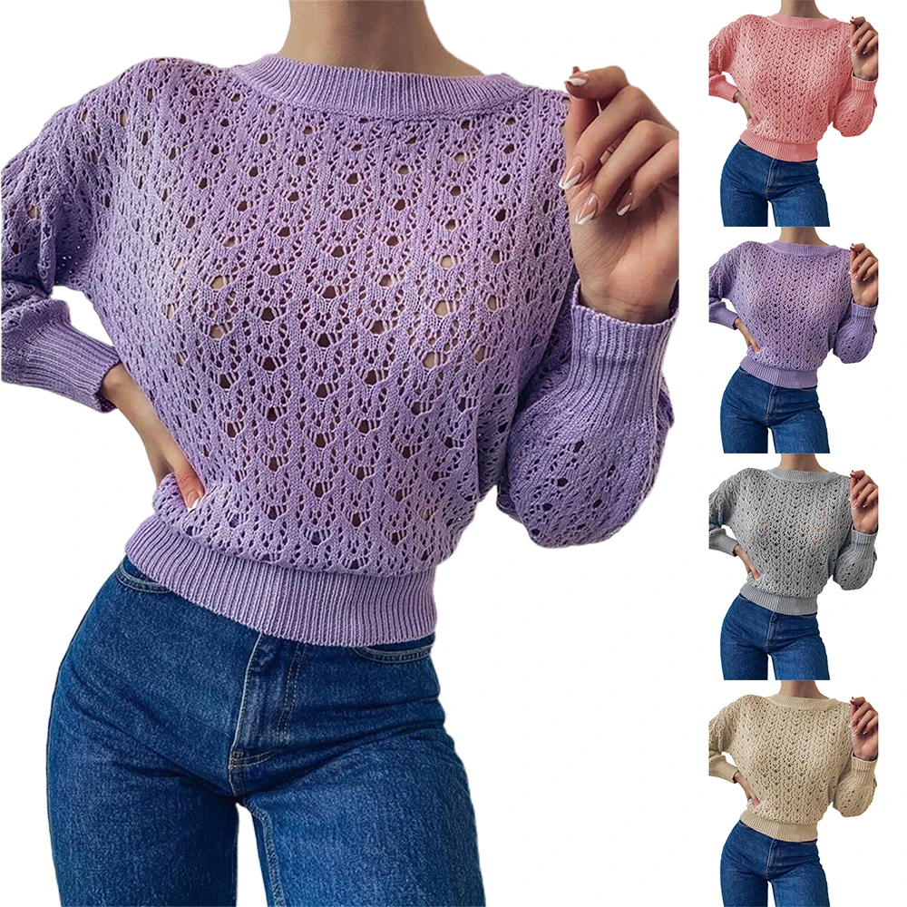 pullover sweater 2022 Sweater Casual Pullover Women Hollow Long Sleeve Sweater Sexy Cut Autumn Winter Warm Pullover Top blue sweater