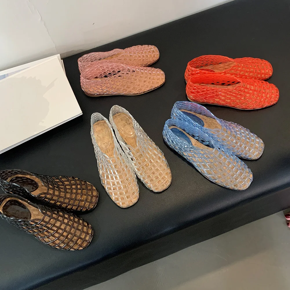 Women Flats Shoes Jelly Mesh Square Toe Hollow Out Lightweight Beach Breathable Summer