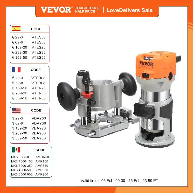 Vevor Wood Router 1.25Hp 800W Compact Wood Trimmer Combo Tool 30000Rpm 6 Velocità Variabili Per La Lavorazione Del Legno Fai Da Te Slotting Trimming