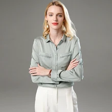 

100% Silk Blouse Women Shirt Solid Turn Down Collar Long Sleeve 2 Colors Simple Design Office Work Top Elegant Style New Fashion