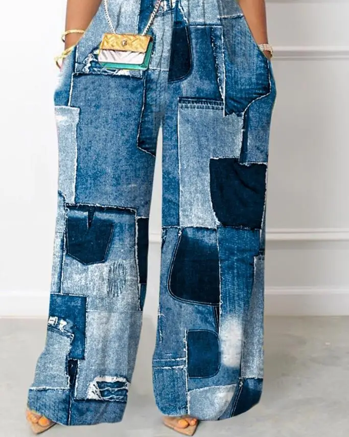 Women's New Spring and Summer Casual Wide Leg Pocket Denim Look Print Wide Leg Suspender Jumpsuit