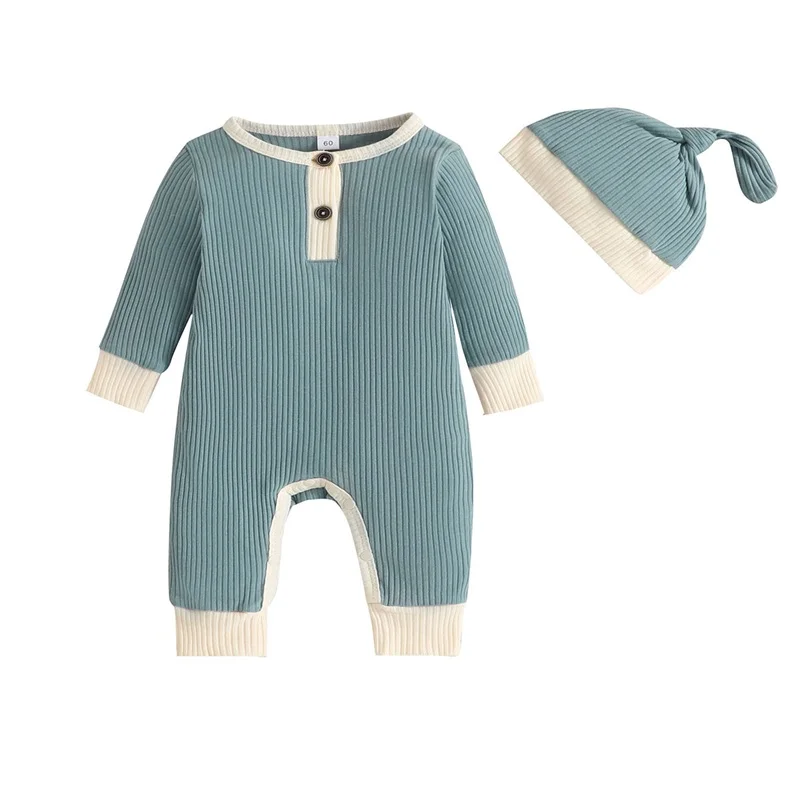 

Bubble Romper Baby Girl Ribbed Knit Outfit Newborn Boy Jumpsuit Hat Solid Color Long Sleeve Button Bodysuit