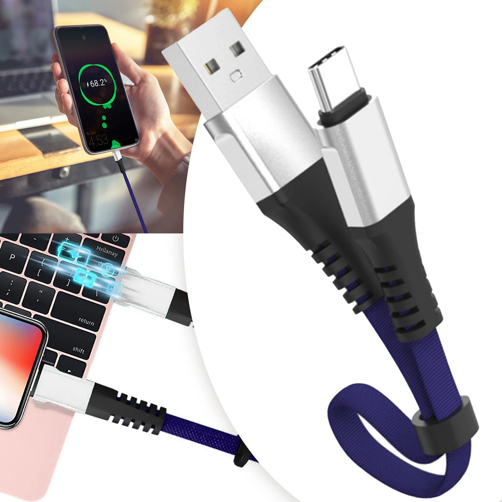 USB Type C急速充電ケーブル,30 cm,アダプター,バッテリー,携帯電話用バッテリー,マイクロUSB Type | -