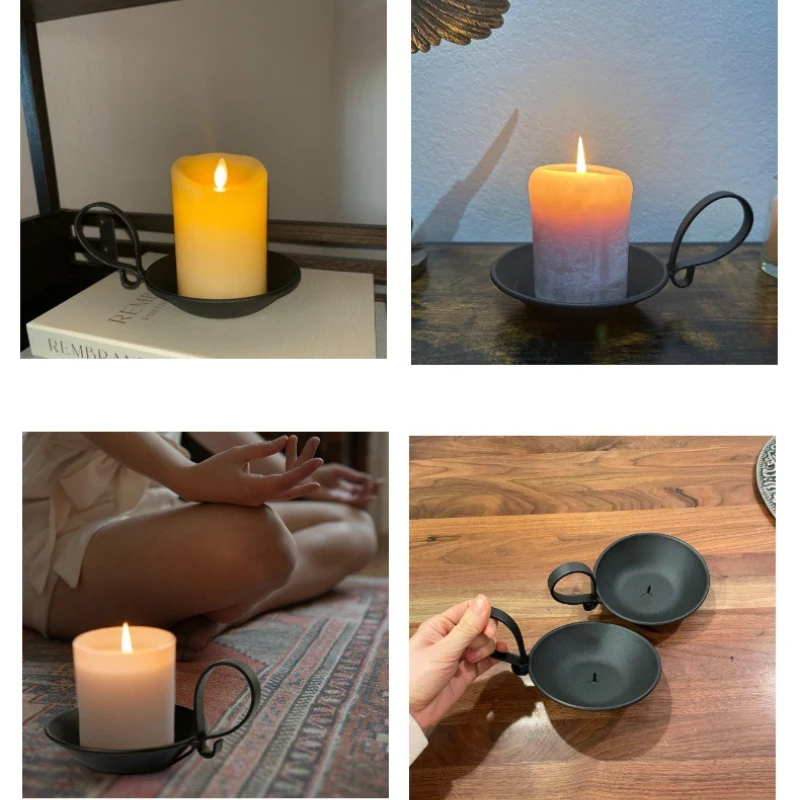 Black Matte Iron Candle Holder with Handle for Banquet Hotel Decor