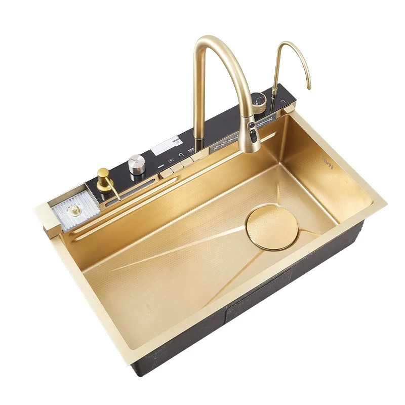 Golden Stainless Steel Sink Household Honeycomb Embossed Booster Pull Out Faucet Cup Washer Waterfall Large Single Kitchen Sink 6