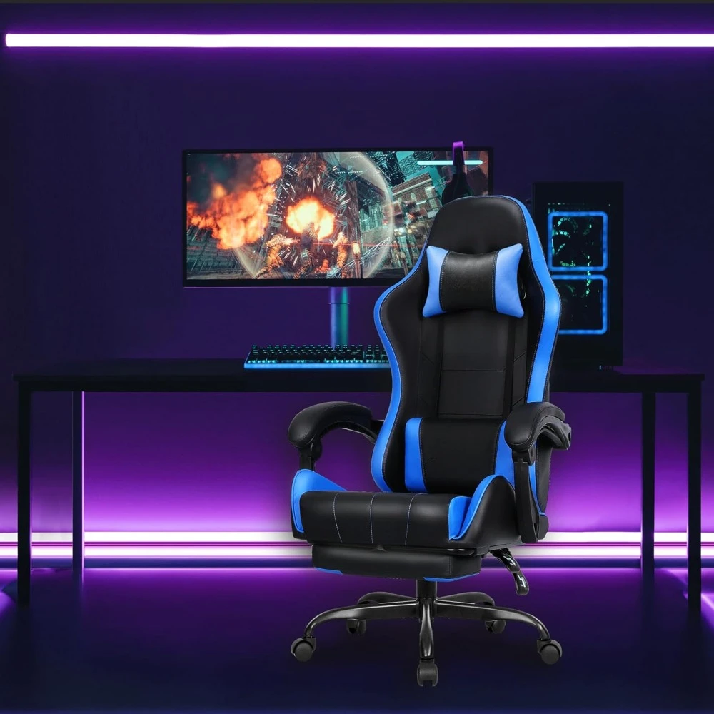 Video Gaming Chair with Footrest High Back Ergonomic Comfortable Office Computer Desk with Lumbar Support Height Adjustable with 2