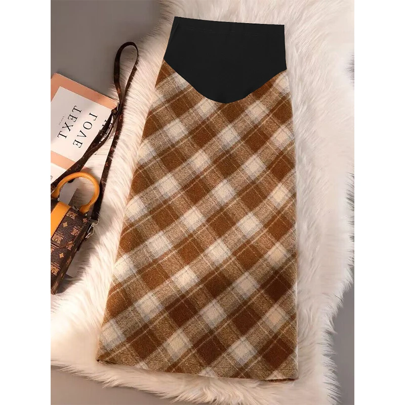 Autumn Winter Vintage Check Woolen Skirts for Maternity Elastic Waist Plaid Pencil Long Bottoms for Pregnant Women Pregnancy