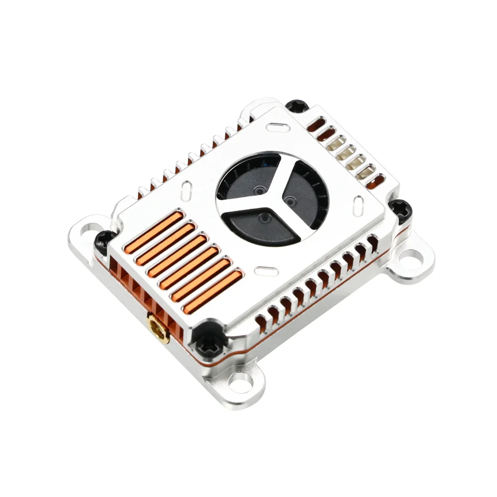 Détail du dissipateur thermique et des indicateurs LED sur l'émetteur vidéo 5.8GHz 48CH 3W pour FPV drone RC