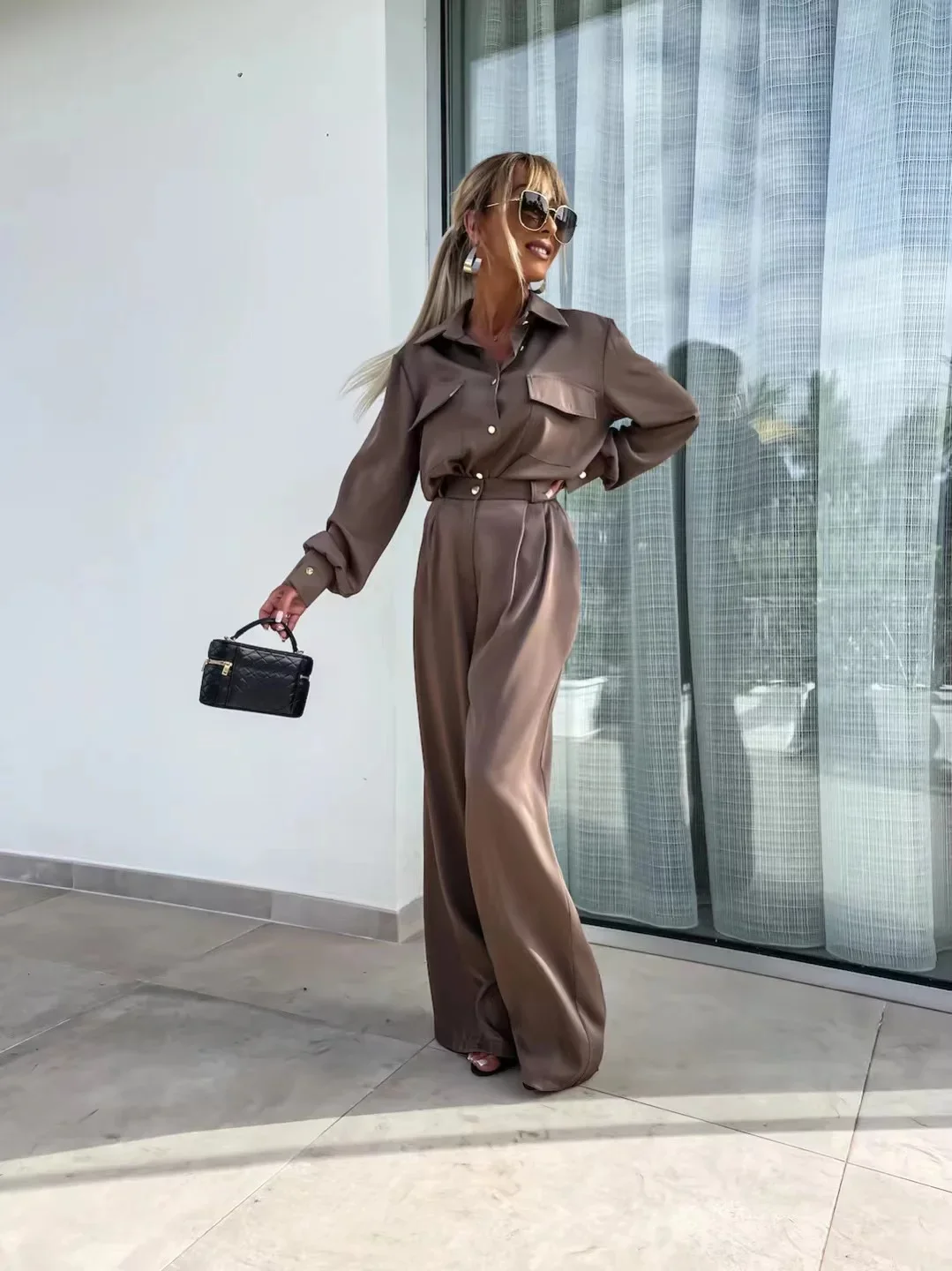 Autumn Commuter Elegant 2 Pcs Suit suit pants Women Spring Single Breasted Lapel Shirt Wide Leg Pants Outfit Smooth Satin Ladies Sets