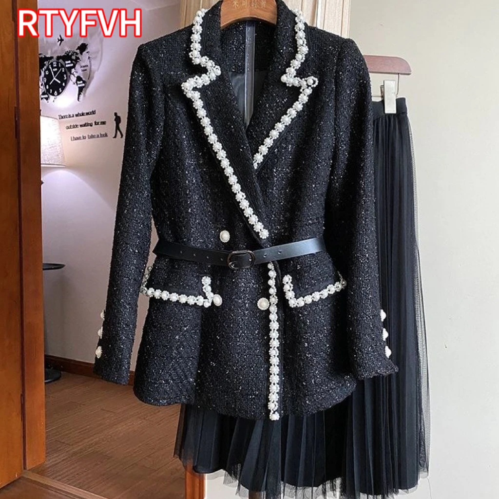 

Spring Autumn Women Luxury Pearl Blazers Mesh Pleated Skirts 1 or 2 Piece Sets Korean Office Lady Work Suit Jacket Skirt Outfits