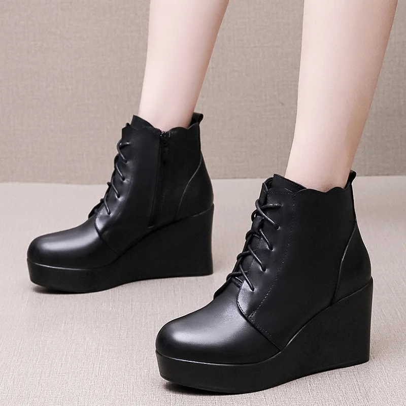 

Genuine Leather Platform Lace Zipper Ankle Boots Women Fashion Wedge Shoes Winter Women High Heels Warm Women Snow Boots