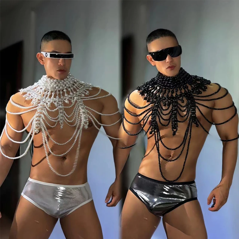 

Bar Nightclub Dj Ds Stage Rave Outfit Sexy Pearls Chest Chain Laser Briefs Men Pole Dance Clothing Gogo Dancer Costume XS6900