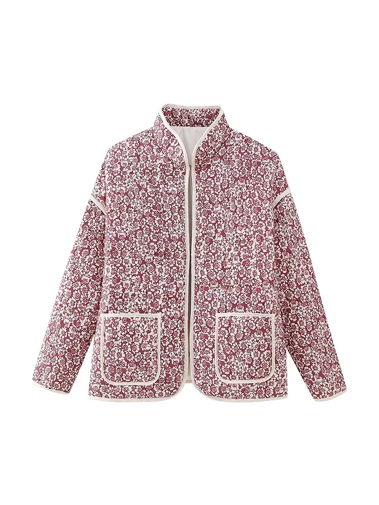 

Autumn 2023 Women Vintage Pockets Print Quilted Padded Jacket Coat