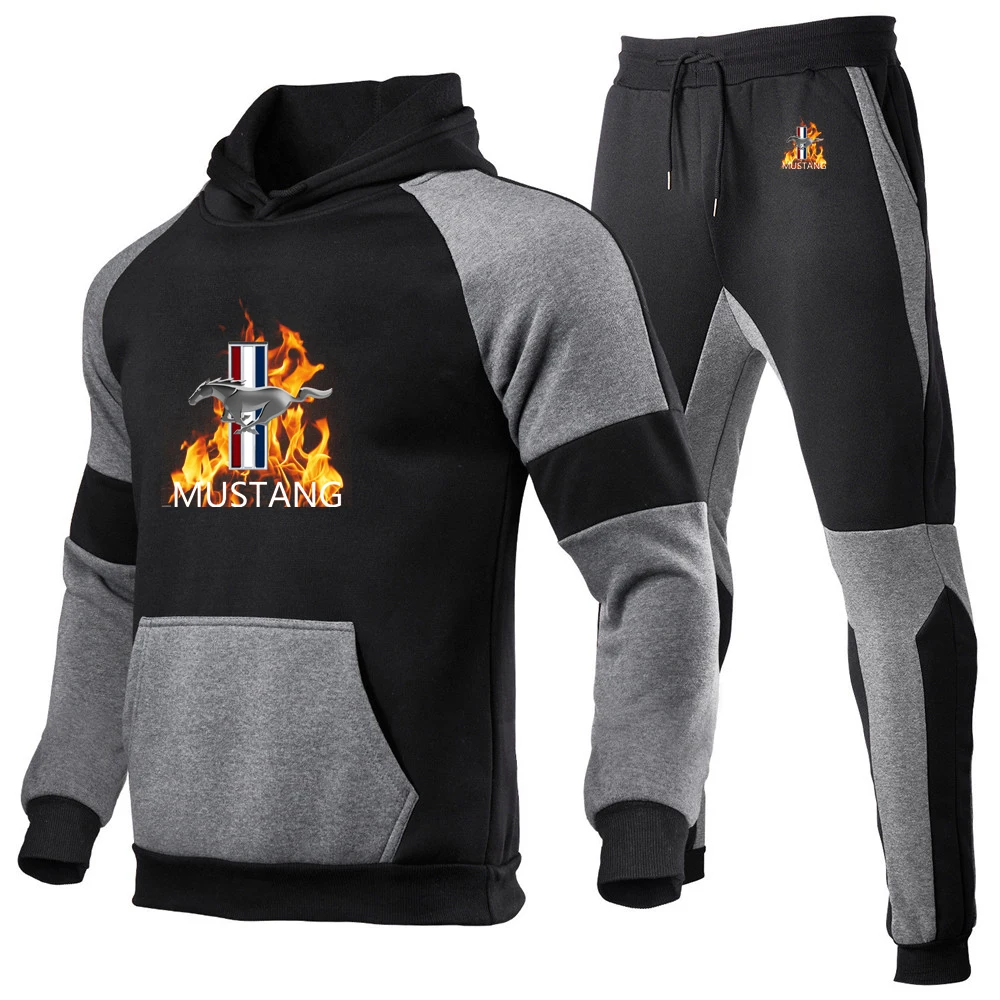 New Spring and Autumn Mustang Printed Men's Hooded Sportswear Large Pocket Contrast Sweater Sweater Pants Set