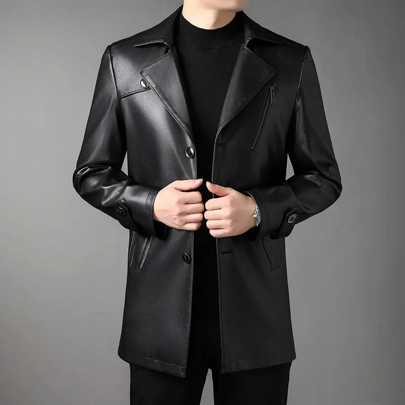 

Autumn Winter Mid-Length Leather Coat Fleece Lined Paded Warm Keeping Motorcycle Windbreaker Casual Jacket Men's