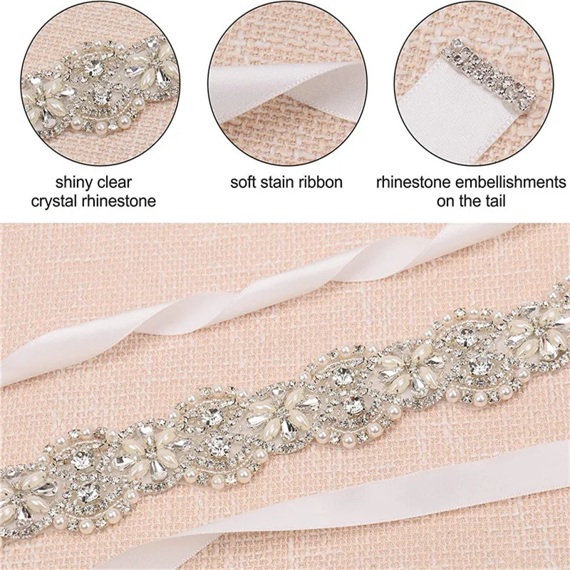 Perlen Hochzeitsgürtel Kristall Brautgürtel Silber Strass Satin Brautschärpe für Mutterschaft Frauen Hochzeitskleid Zubehör – Detail 2
