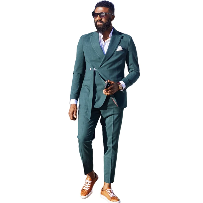 

Green Solid Men Suits Jacket Slim Fit 2 Pieces Outfit/Blazer Waist Belt Design Casual Fashion Daily Men's Clothes/Coat Pants Set