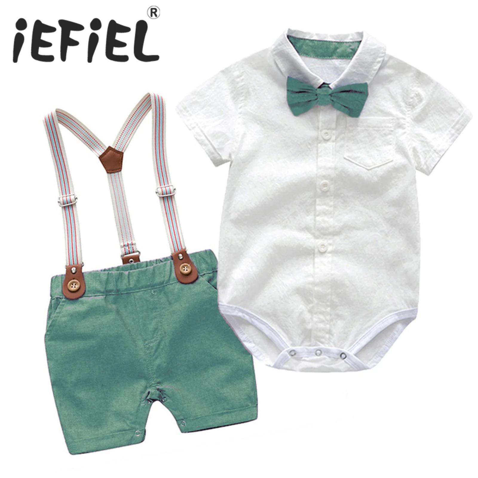 

Toddler Baby Boys Outfits Turndown Collar Bowknot Buttons Front Romper with Y-shape Back Suspender Shorts Gentleman Party Sets