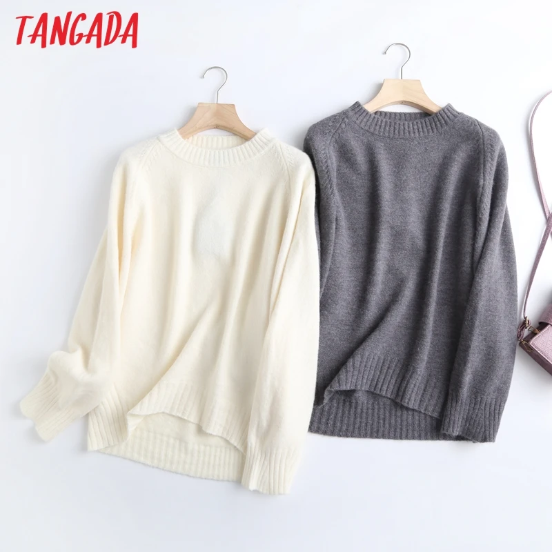 

Tangada Women 2023 Fashion Elegant Beige Knitted Sweater Jumper O Neck Female Oversize Pullovers Chic Tops 6D24