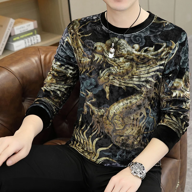 

Luxury Dragon Print Velour Hoodies for Men Autumn Winter Long Sleeve Crewneck Pullover Sweatshirt Man Streetwear Hip Hop Hoodie