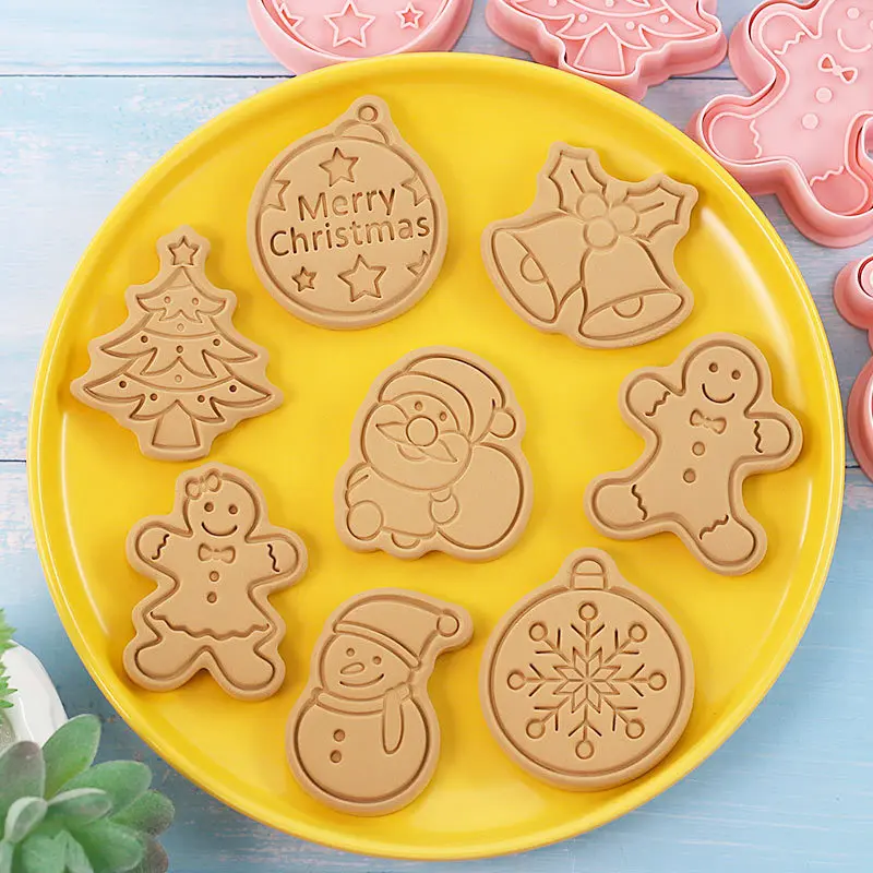 Christmas Cookie Cutters Press 8Pcs Santa Claus Biscuit Mold Plastic Cookie Stamp Confectionery Kitchen Baking Pastry Tools