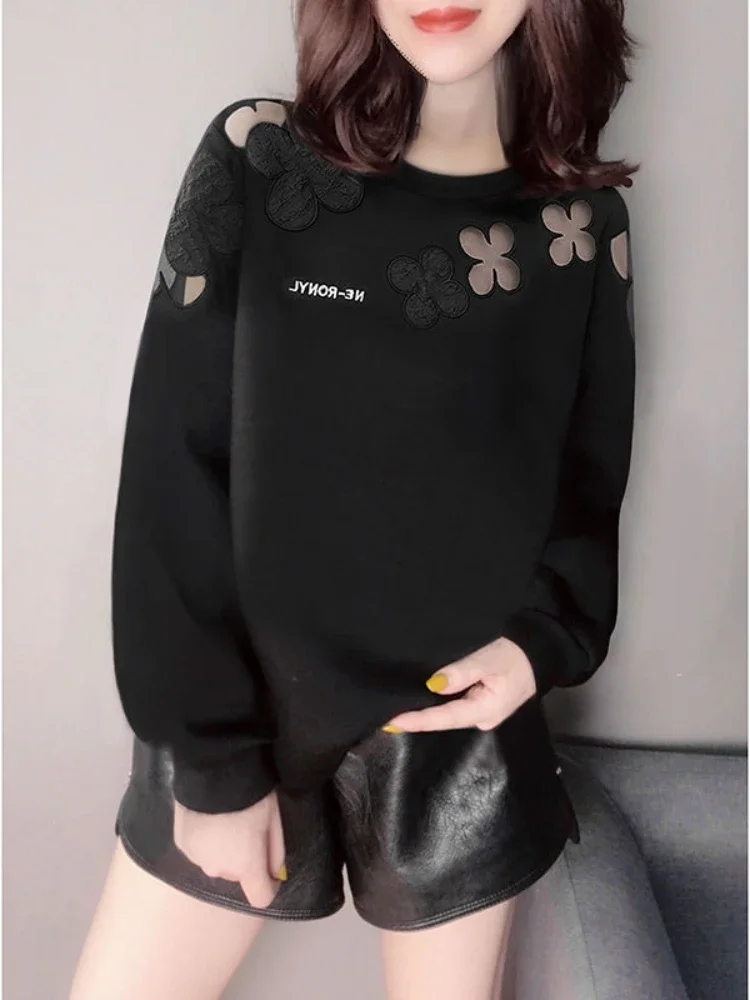 

Pullovers Women's Sweatshirt Top Letter Printing Text Woman Clothing Black Graphic Round Neck Y2k Style Designer Casual Basic E