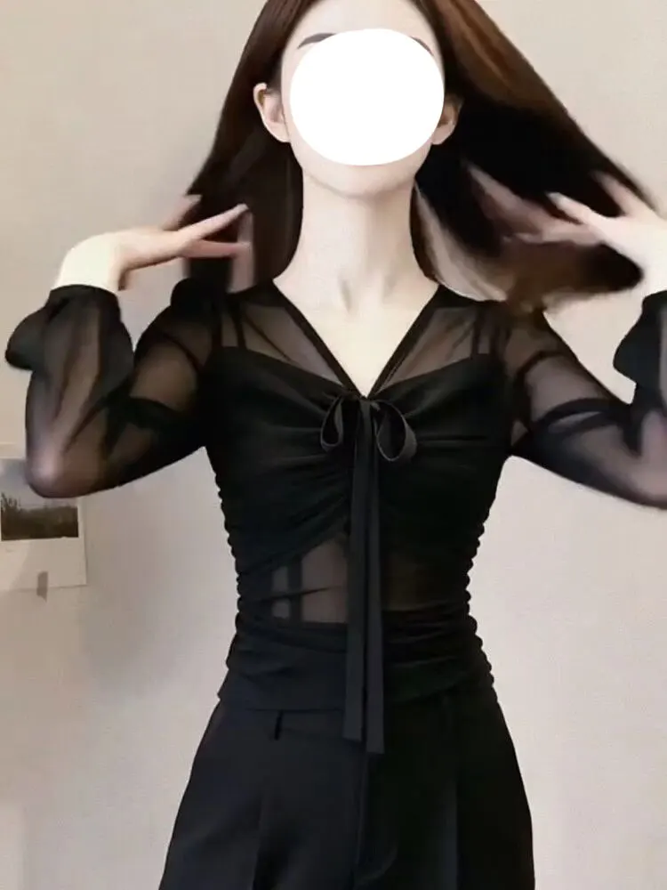 세련된 주름 장식 벨트 긴팔 V넥 슬리밍 셔츠 여성용 아름다운 스타일리쉬 탑 봄 여름 신상품