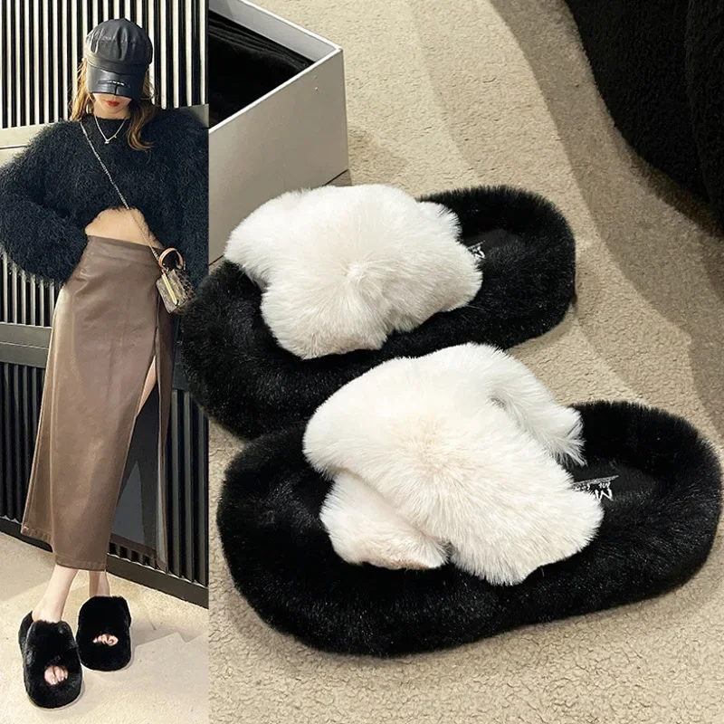 Summer Fluffy  Fur Slippers Shoes Women Real Fox Flip Flop Flat Furry Slides Outdoor Sandals  Indoor