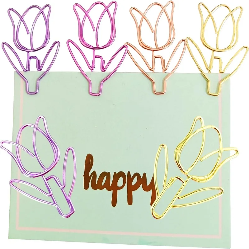 12Pcs/Box Tulip Shaped Paper Clip Colored Paper Clip Office Stationery Metal Bookmark Holder Stationery Clips