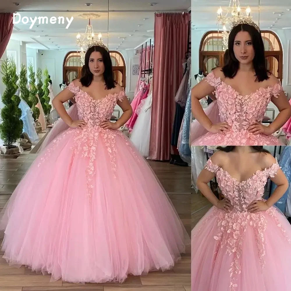 

Doymeny 3D Flowers Beaded Quinceanera Dress Off Shoulder Sleeveless Floor Length Ball Gown Pageant Birthday Party Sweet 15 Gown