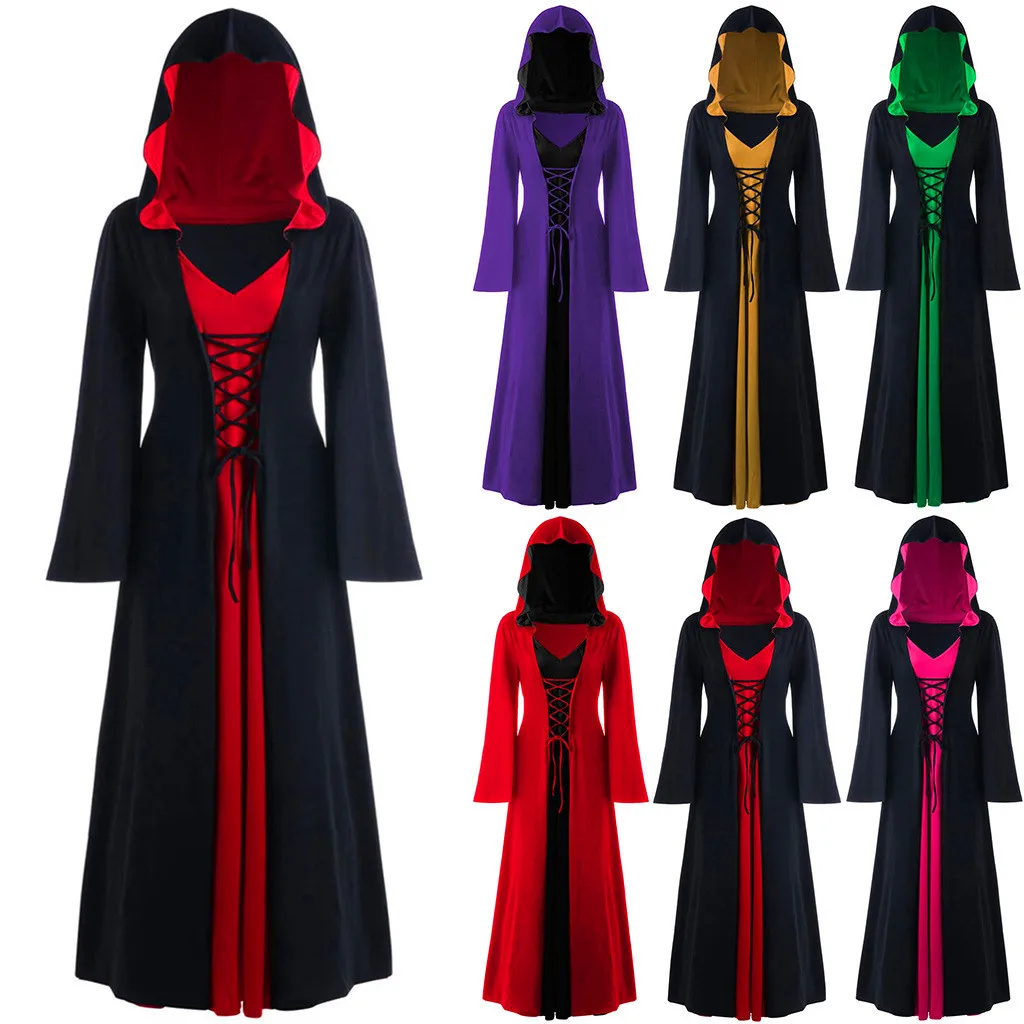 

Medieval Gothic Victorian Cosplay Vampire Dress Hooded Long Sleeve Loose Lace up Robe Vintage Renaissance Cosplay Costume