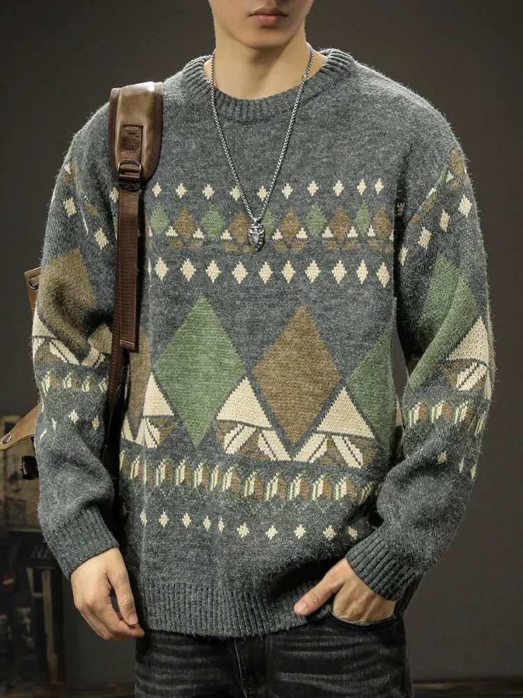 

Knitted Sweaters for Men Pullovers Man Clothes Japanese Harajuku Fashion Argyle Graphic No Hoodie Thick Winter Y2k Vintage Warm