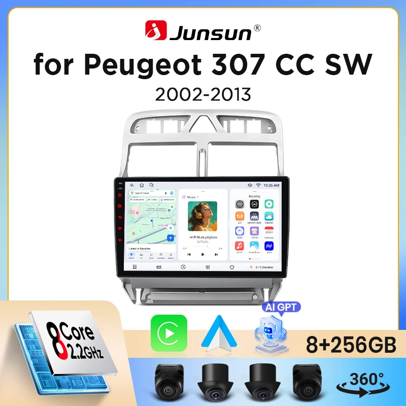 Radio para coche Junsun con CarPlay inalámbrico y Android Auto para Peugeot 307 (Hatchback/SW/CC) 2001-2008, ventilador de refrigeración integrado, navegación GPS Android, reproductor multimedia, WiFi, DSP, RDS, BT, SWC, pantalla táctil IPS, autorradio, reproductor de vídeo, unidad principal estéreo. 1