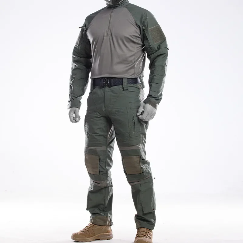 Men Combat Suit Camouflage Tactical Sets Multi-pocket Quick-dry Training Suits Long Sleeved Breathable T-shirt Knee Pad Pants