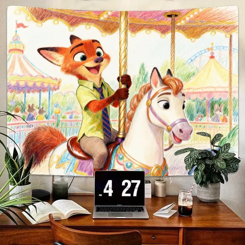 1pc zootopia nick wilde carrossel tapeçaria bonito dos desenhos animados poliéster arte da parede sala de estar quarto crianças dormitório decoração presente para fãs