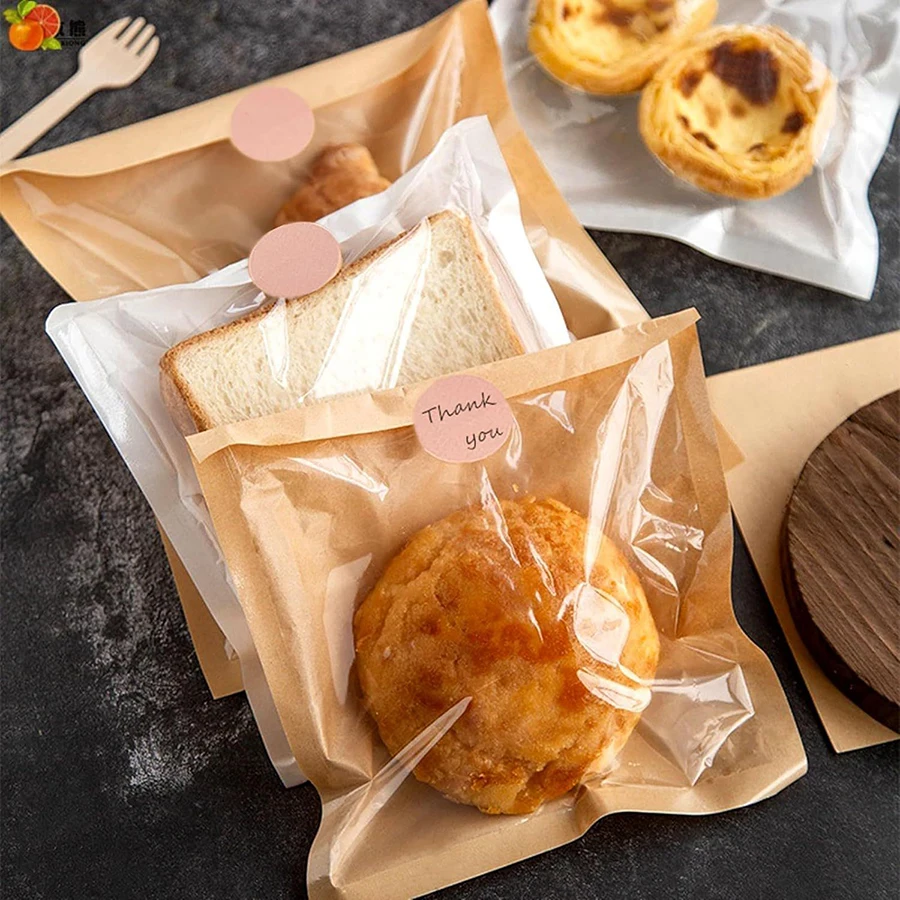 20pcs Transparent Paper Bread Packaging Bag Round "Thank You" Self-Adhesive Sticker Bakery Croissant Toast Sealed Packaging Bag