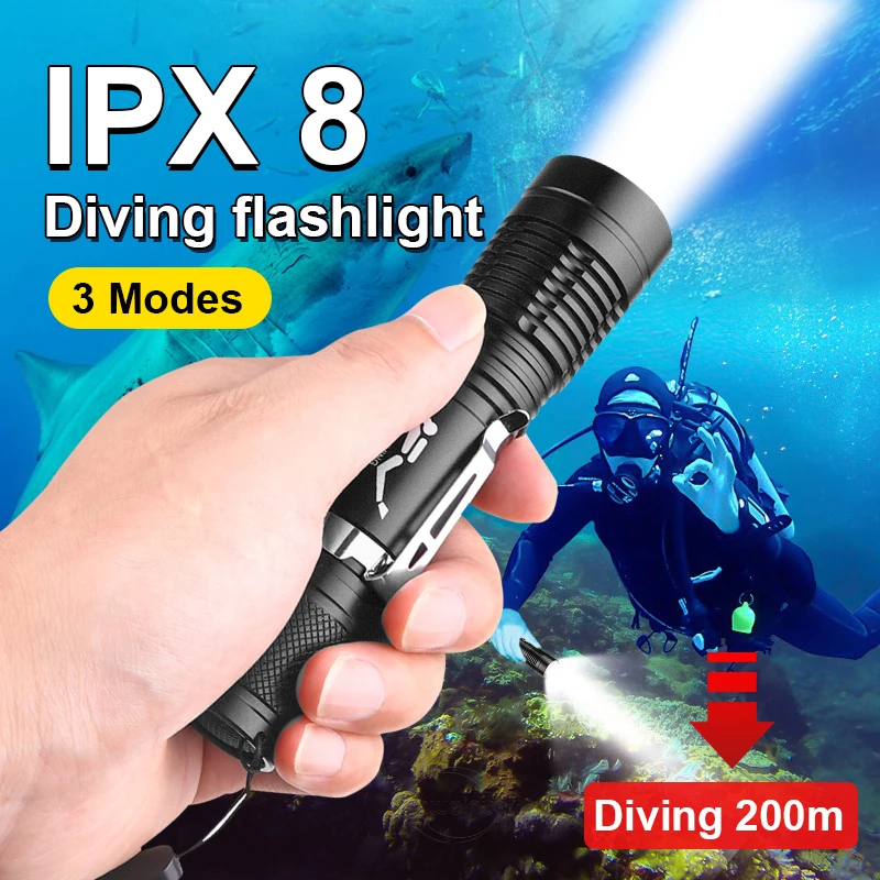 IPX8 waterproof Powerful LED Diving Flashlight Portable 100 Meters Diving Torch Diving Lamp Underwater Lantern Fishing Hunting